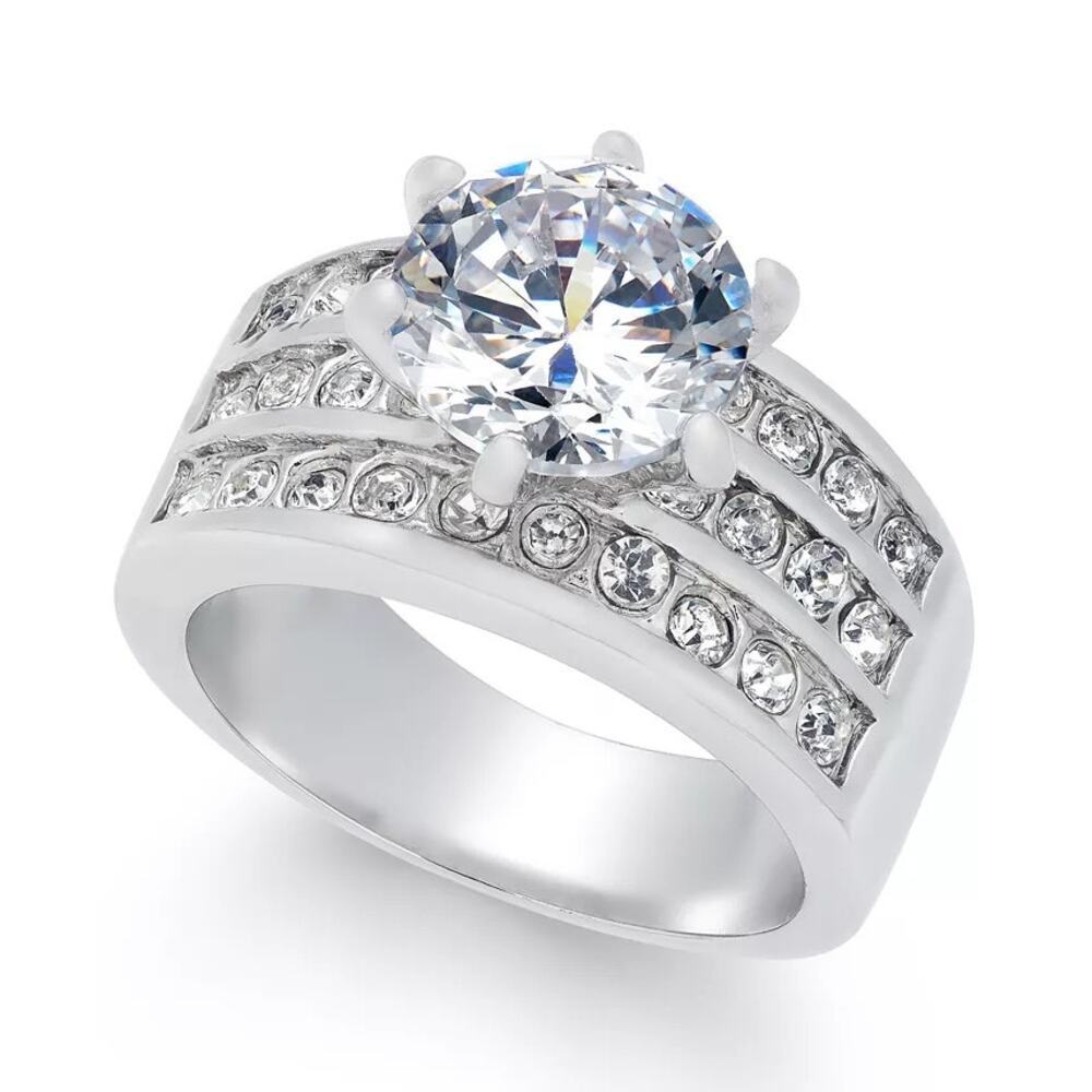 Charter Club Crystal Triple-Row Ring Silver Plate Size 8 | NWT